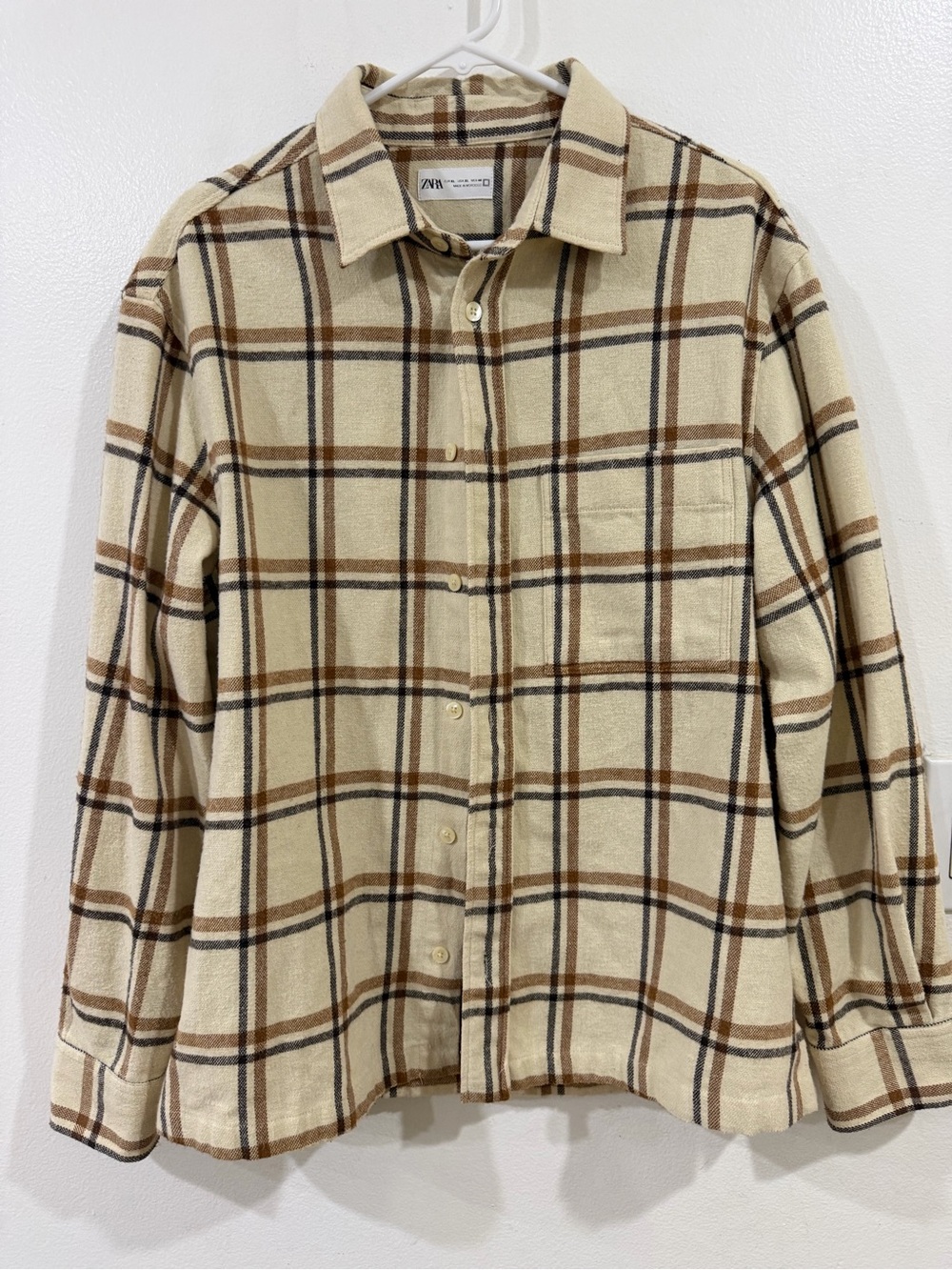 Zara Men Cream Plaid Shirt Jacket with Brown and Black Checks